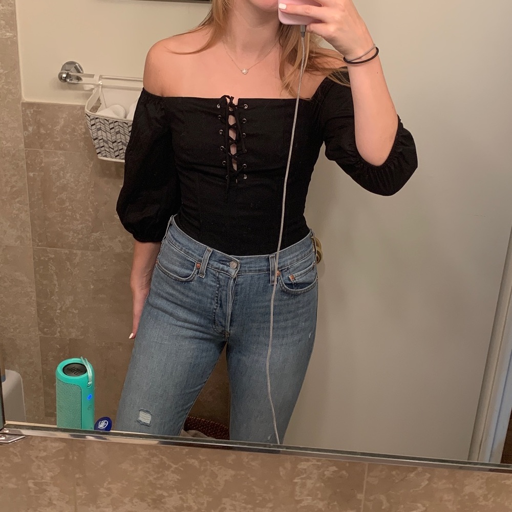Decker lace up puff sleeve blouse